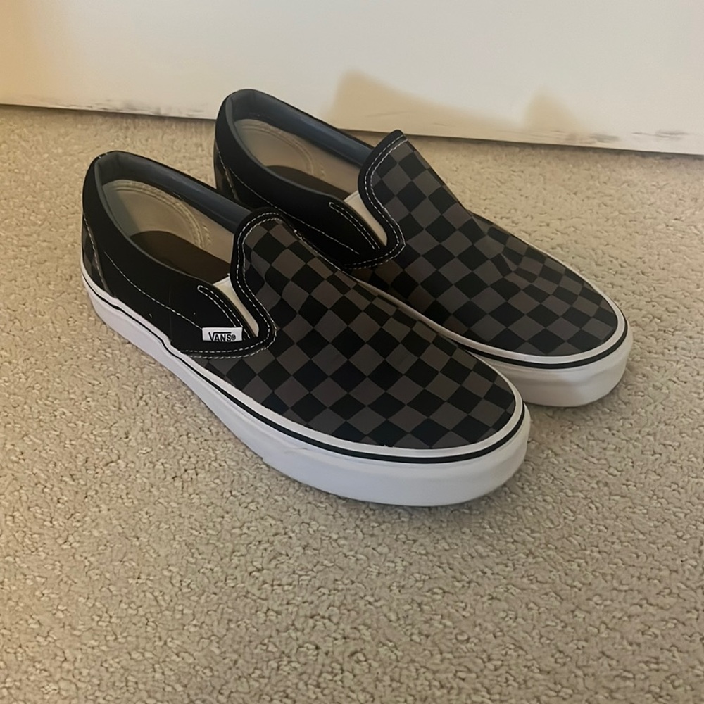 Vans gray and black checkered slip ons size 9